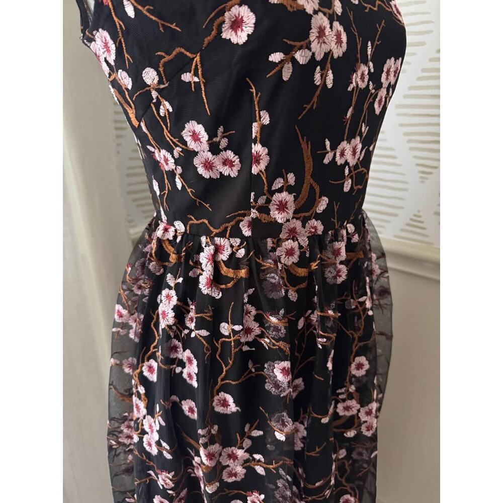 BLDHM Bronx & Banco Size 8 Black Mesh Floral Embroidered Midi Dress Anthro - Picture 9 of 10